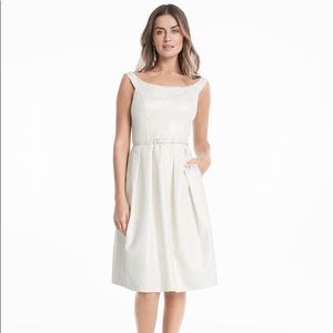 Portrait Neck Gold Jacquard Fit and Flare Dress